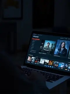 Notebook exibindo catálogo de filmes em ambiente escuro
