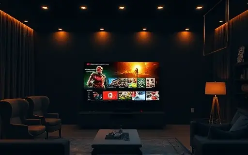 Sala de estar com televisão grande e iluminação suave