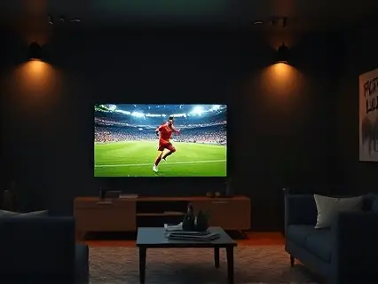 Sala escura com partida de futebol na televisão