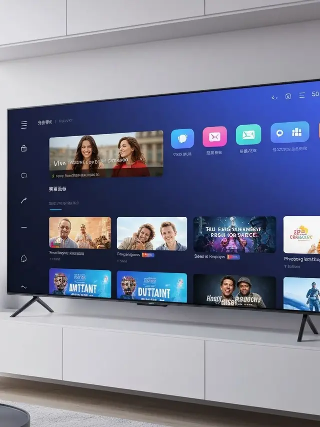 Smart TV sobre rack exibindo aplicativos
